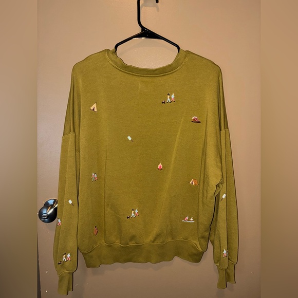 Lou & Grey Olive Embroidered Camping theme Crew Neck Sweater - Picture 2 of 5